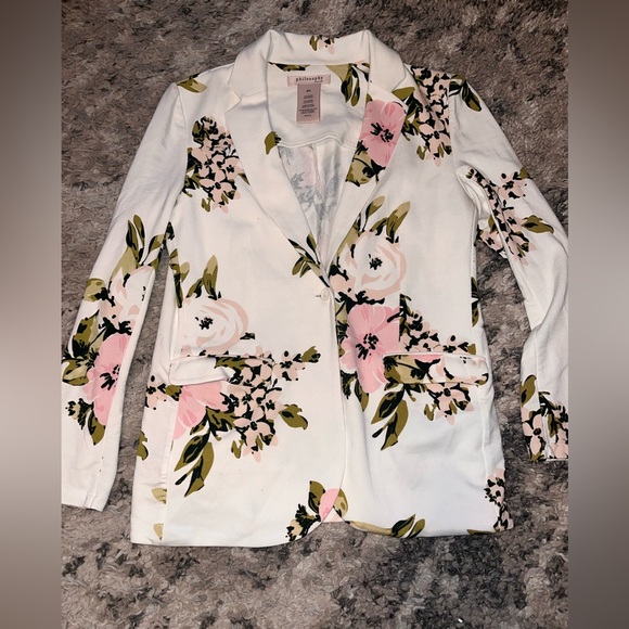 Philosophy Jackets & Blazers - Philosophy White stretchy Blazer with Pink Floral & Olive Leaves woman’s small